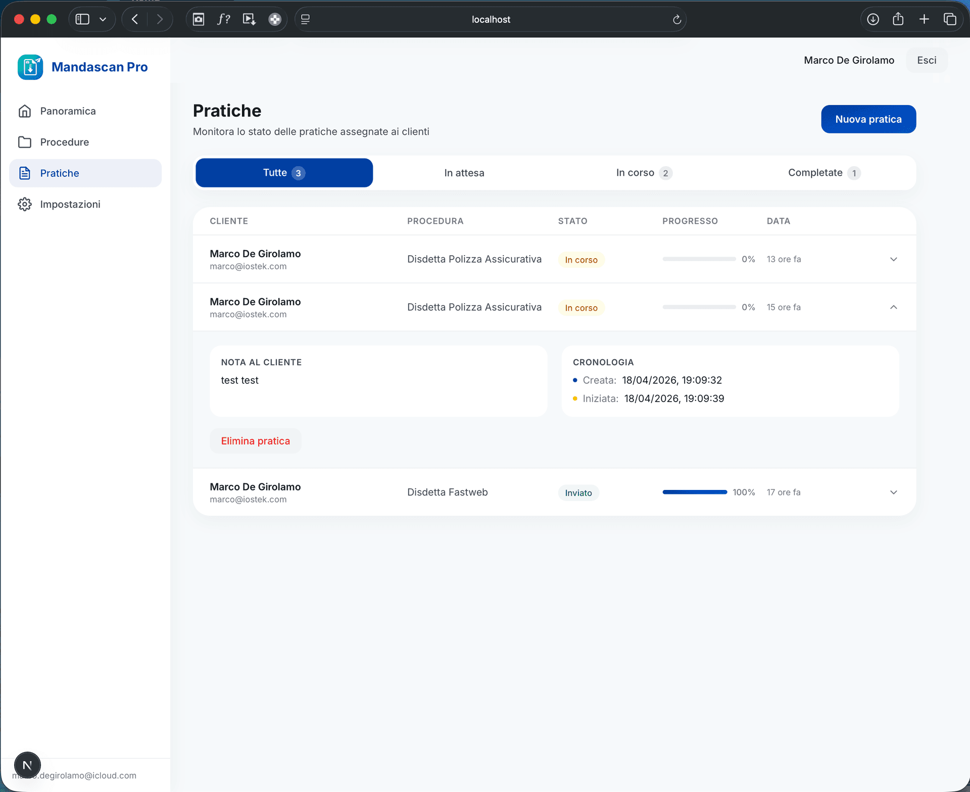 Dashboard Mandascan Pro — gestione pratiche con cronologia